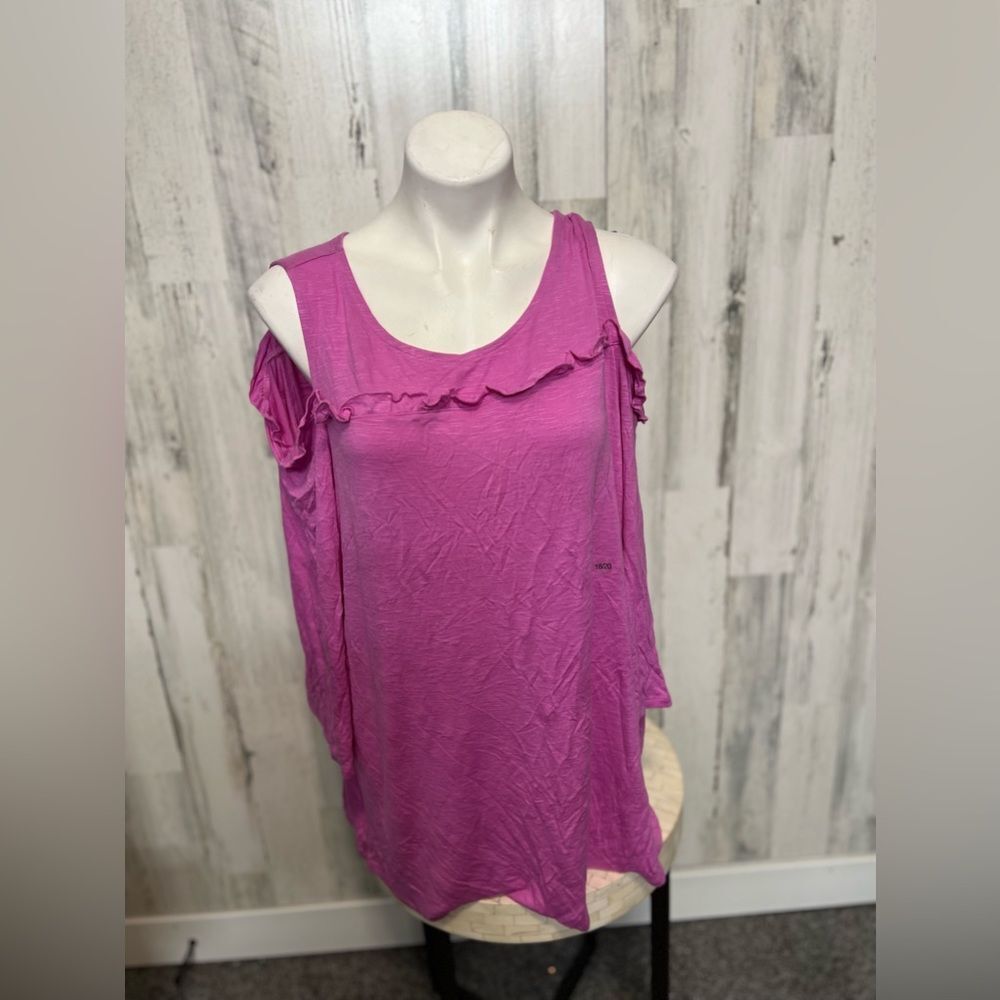Lane Bryant Cold Shoulder Ruffle Top Womens 18/20 Pink Magenta NWT 3/4 Sleeve